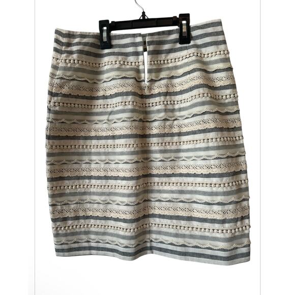 Tabitha Anthropologie Ivory Gray Striped Mini Skirt Pockets Lace Trim Size 4 - Picture 4 of 10